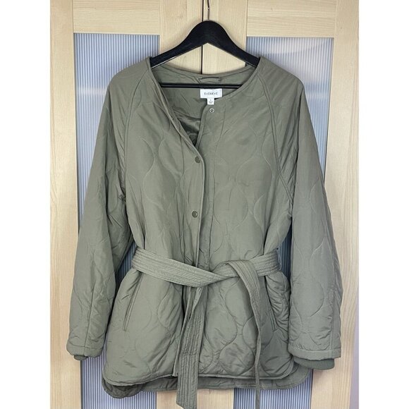 EVEREVE Womens Toni Quilted Jacket Sz L Green Coat Belted Snap Button Casual - Picture 2 of 5